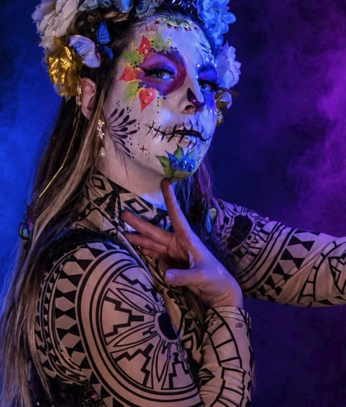 Sugar skull face with full geometric tribal body paint