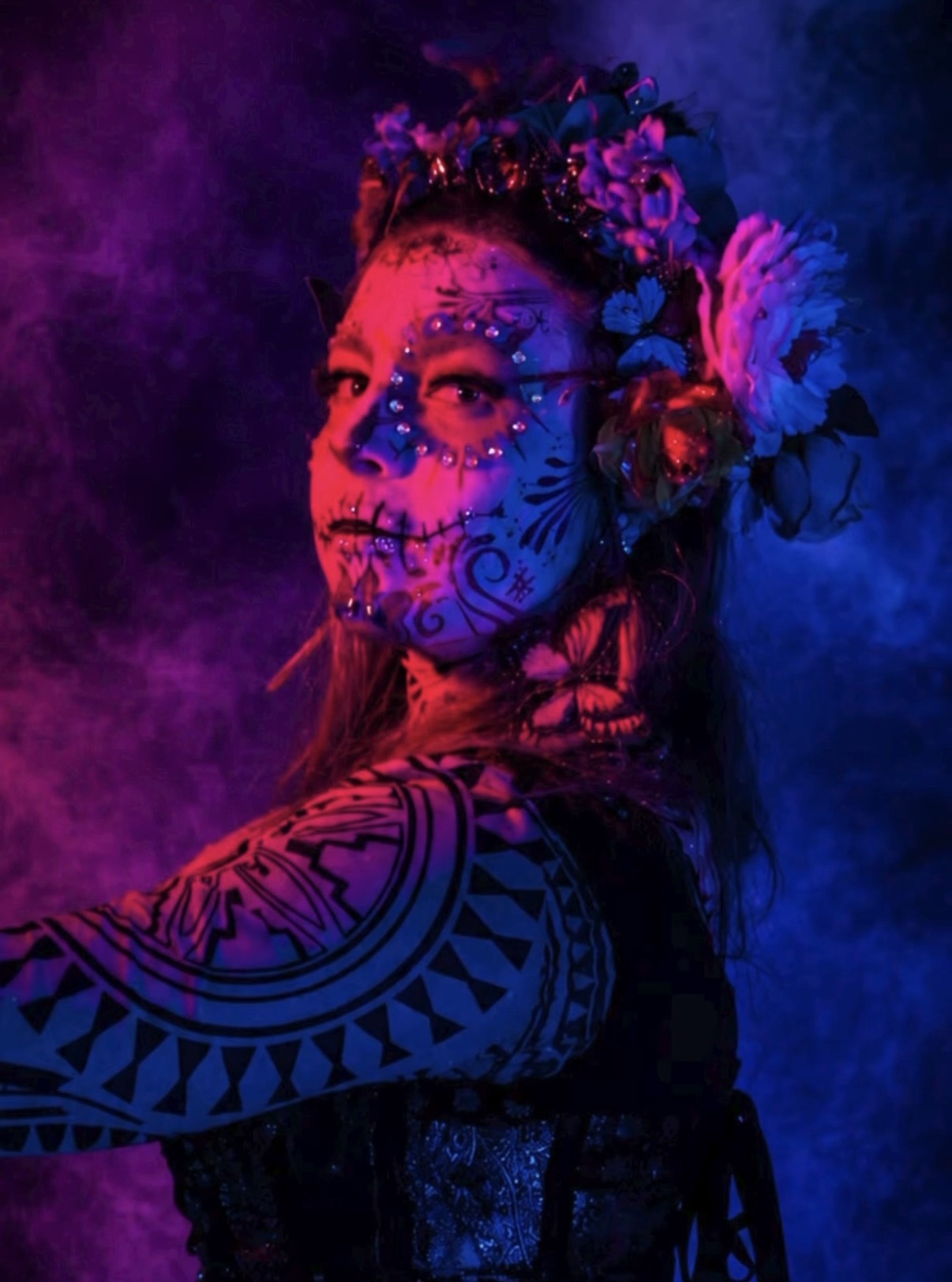 Three-quarter sugar skull portrait with butterfly crown