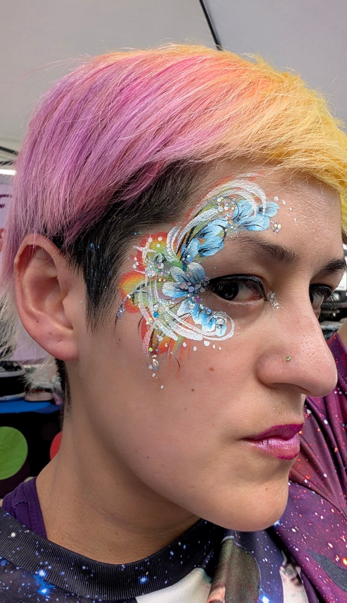 Blue floral glitter eye with rainbow hair